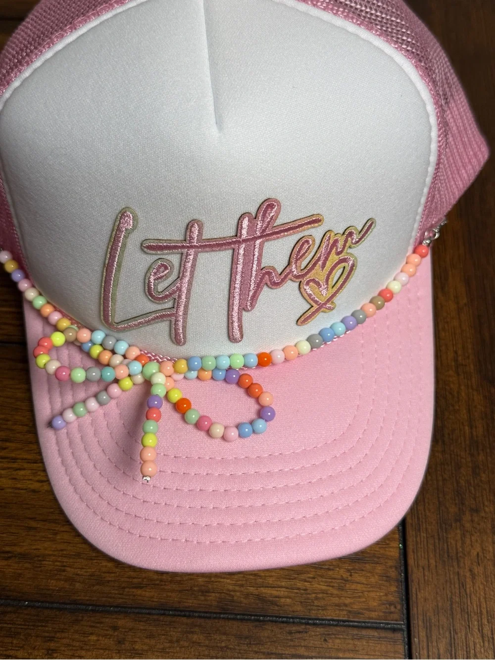 Let Them Pink Mesh Trucker Hat with Beaded Accent